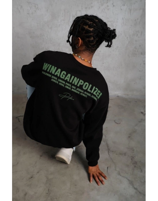 Erkek Oversize weatshirt – iyah Renk  Ön Ve ırt Baskılı, Üç İplik İçi Pamuklu Kumaş, Rahat Kalıp, Ribanalı Kışlık weat  Winagain Polizei erisi  iyah