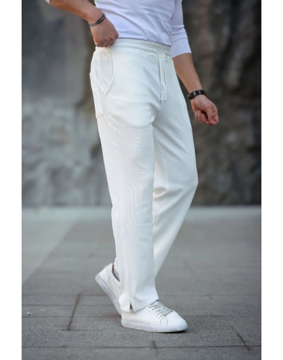 Erkek Paça Yırtmaçlı Burgu elanik Dokulu Jogger Buggy Pantalon Rahat Kalıp  Beyaz