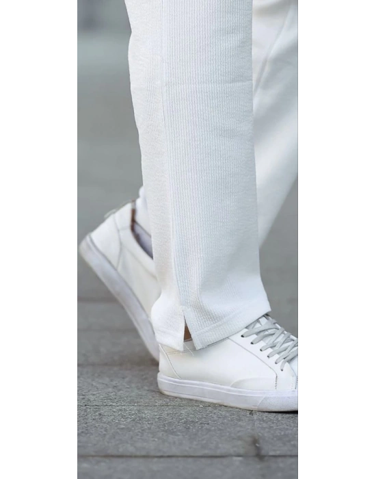 Erkek Paça Yırtmaçlı Burgu elanik Dokulu Jogger Buggy Pantalon Rahat Kalıp  Beyaz