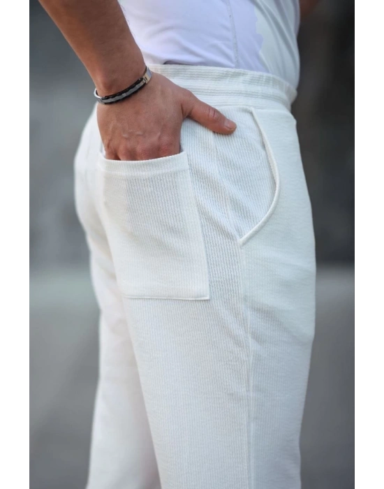 Erkek Paça Yırtmaçlı Burgu elanik Dokulu Jogger Buggy Pantalon Rahat Kalıp  Beyaz