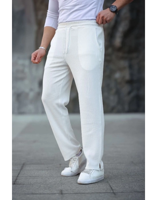 Erkek Paça Yırtmaçlı Burgu elanik Dokulu Jogger Buggy Pantalon Rahat Kalıp  Beyaz