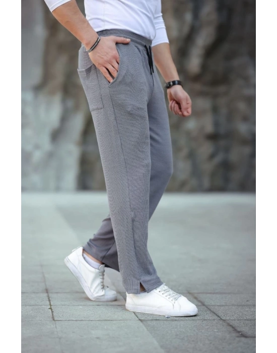 Erkek Paça Yırtmaçlı Burgu elanik Dokulu Jogger Buggy Pantalon Rahat Kalıp  Gri