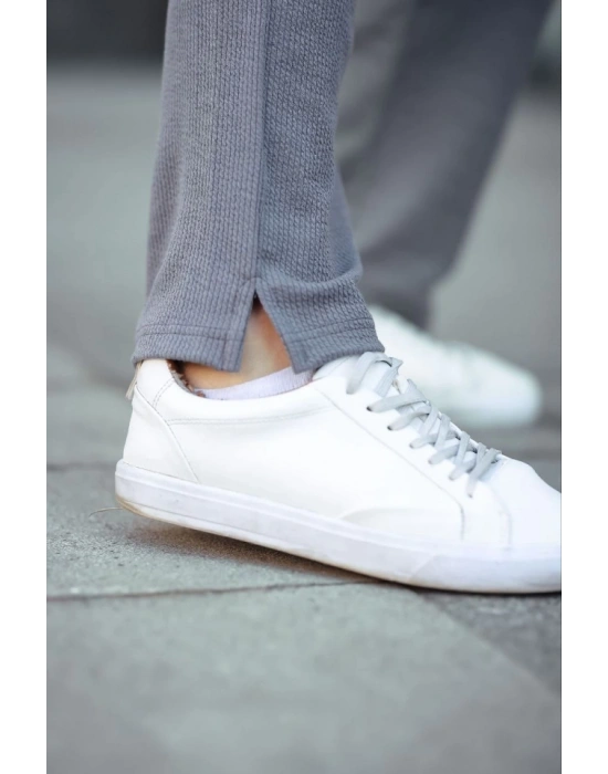 Erkek Paça Yırtmaçlı Burgu elanik Dokulu Jogger Buggy Pantalon Rahat Kalıp  Gri