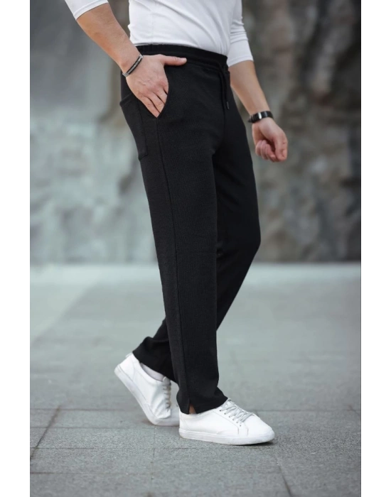 Erkek Paça Yırtmaçlı Burgu elanik Dokulu Jogger Buggy Pantalon Rahat Kalıp  iyah