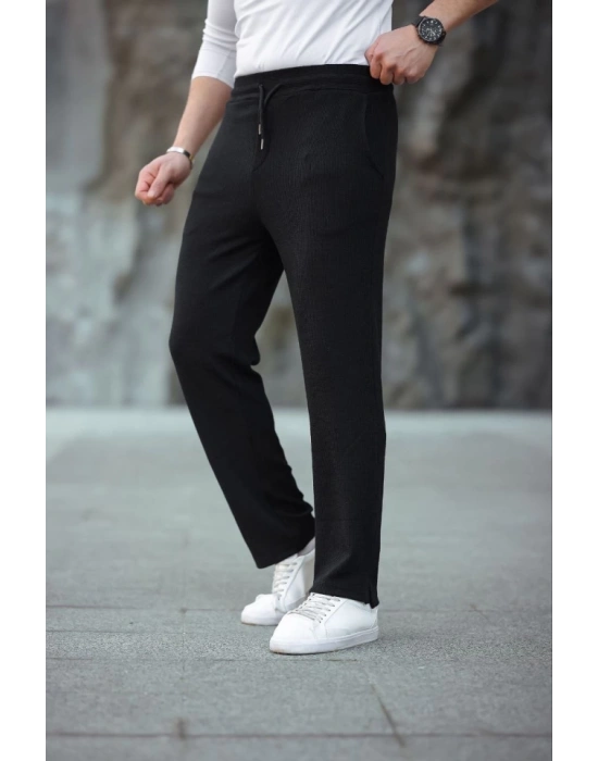 Erkek Paça Yırtmaçlı Burgu elanik Dokulu Jogger Buggy Pantalon Rahat Kalıp  iyah