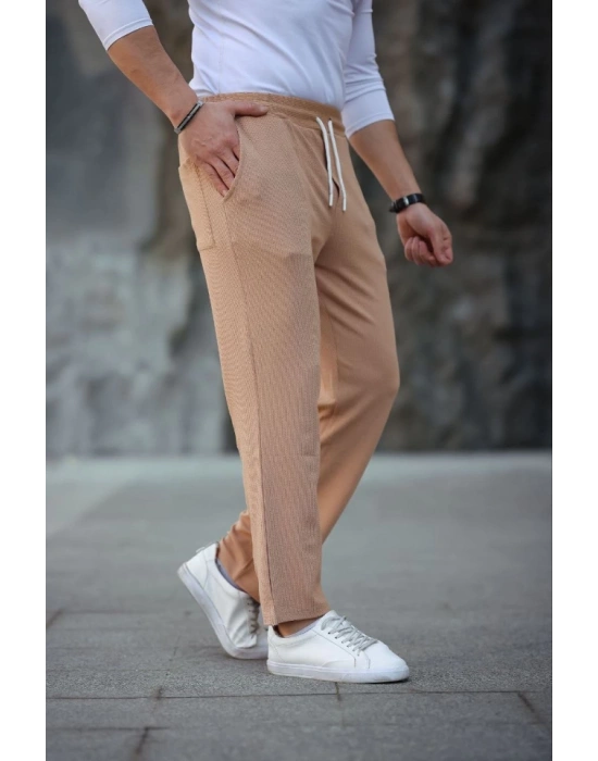 Erkek Paça Yırtmaçlı Burgu elanik Dokulu Jogger Buggy Pantalon Rahat Kalıp  Kahverengi