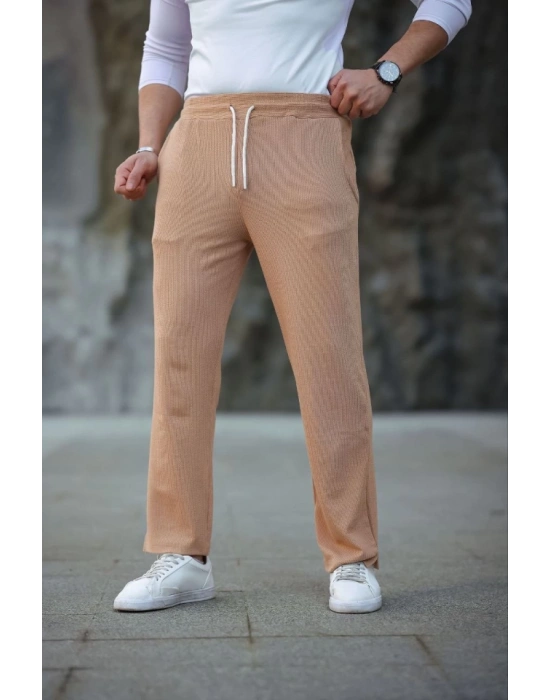 Erkek Paça Yırtmaçlı Burgu elanik Dokulu Jogger Buggy Pantalon Rahat Kalıp  Kahverengi