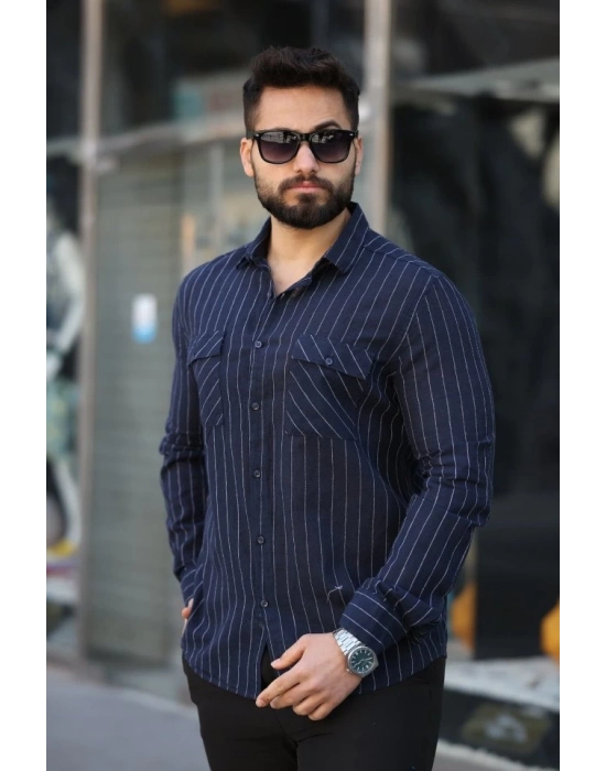 Erkek Pamuklu Çizgi Desenli Cep Detaylı Gömlek