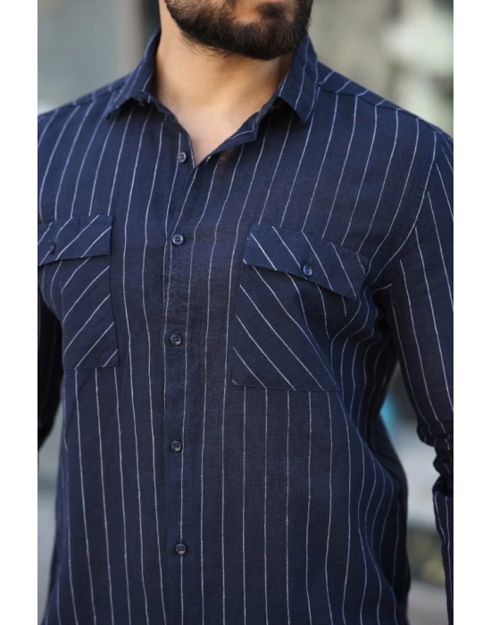 Erkek Pamuklu Çizgi Desenli Cep Detaylı Gömlek