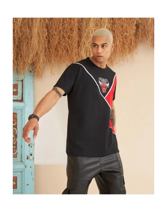 Erkek Parçalı Baskılı Oversize Tshirt  iyah