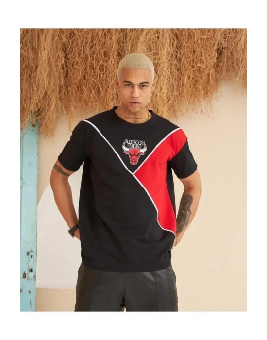 Erkek Parçalı Baskılı Oversize Tshirt  iyah