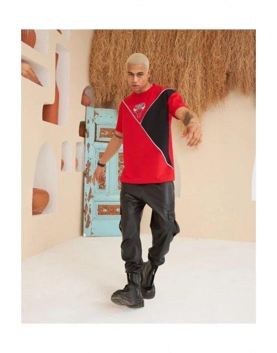 Erkek Parçalı Baskılı Oversize Tshirt  Kırmızı