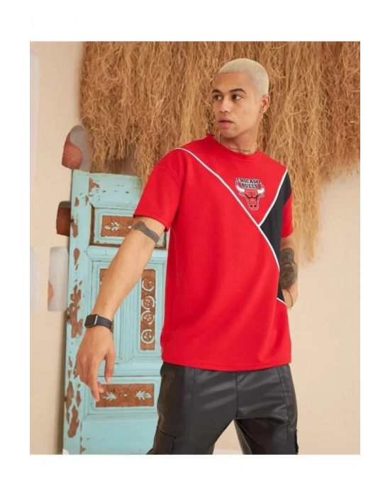 Erkek Parçalı Baskılı Oversize Tshirt  Kırmızı