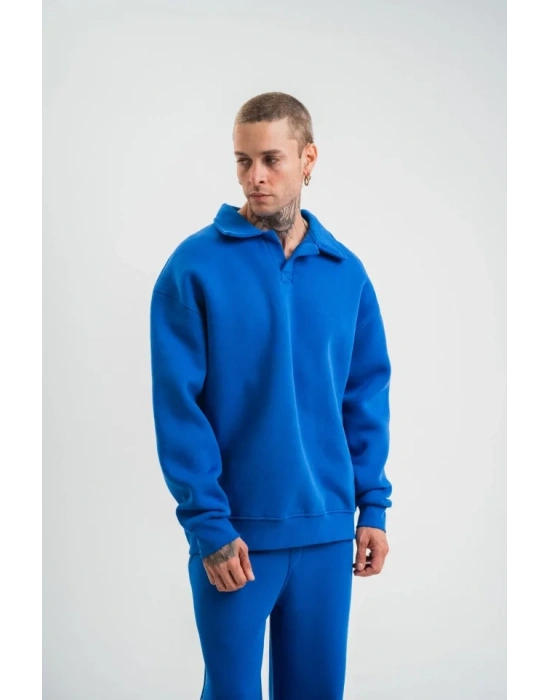 Erkek Patlı Yaka Üç İplik Pamuklu weatshirt Double Oversize Rahat Kalıp Günlük Kullanım  avi