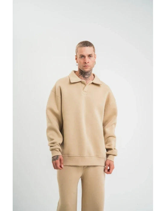 Erkek Patlı Yaka Üç İplik Pamuklu weatshirt Double Oversize Rahat Kalıp Günlük Kullanım – Bej