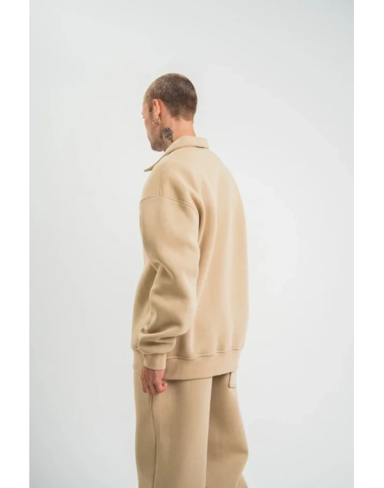 Erkek Patlı Yaka Üç İplik Pamuklu weatshirt Double Oversize Rahat Kalıp Günlük Kullanım – Bej