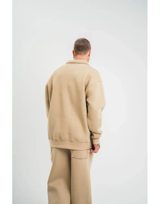 Erkek Patlı Yaka Üç İplik Pamuklu weatshirt Double Oversize Rahat Kalıp Günlük Kullanım – Bej