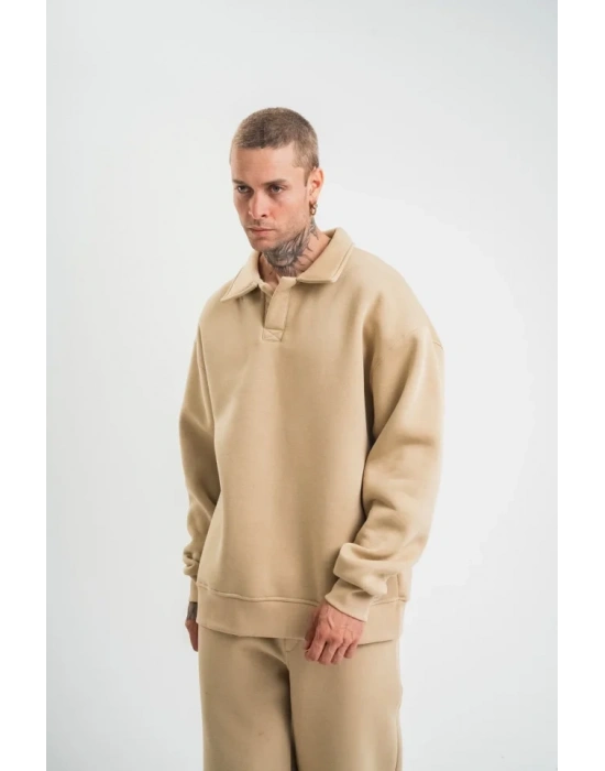 Erkek Patlı Yaka Üç İplik Pamuklu weatshirt Double Oversize Rahat Kalıp Günlük Kullanım – Bej