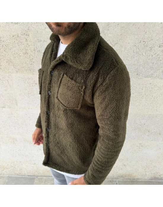 Erkek Pelüş Polar Hırka Gömlek – Yakalı, İlik Düğmeli, Göğüs Cepli, Yumuşak Dokulu Kışlık Regular Fit Rahat Günlük odel  Haki