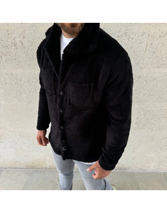 Erkek Pelüş Polar Hırka Gömlek – Yakalı, İlik Düğmeli, Göğüs Cepli, Yumuşak Dokulu Kışlık Regular Fit Rahat Günlük odel  iyah