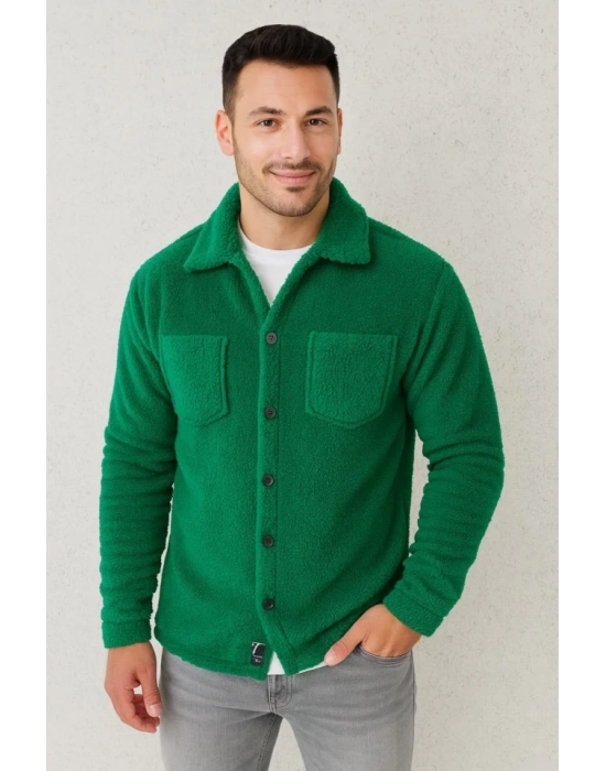 Erkek Pelüş Polar Hırka Gömlek – Yakalı, İlik Düğmeli, Göğüs Cepli, Yumuşak Dokulu Kışlık Regular Fit Rahat Günlük odel  Çimen Yeşili