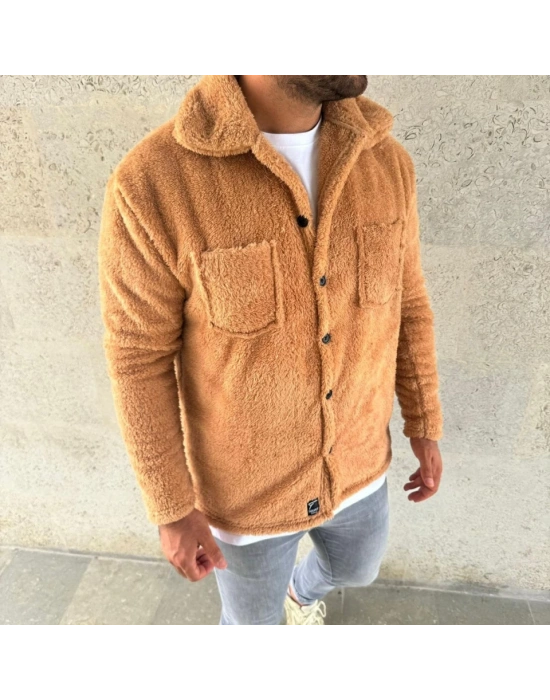 Erkek Pelüş Polar Hırka Gömlek – Yakalı, İlik Düğmeli, Göğüs Cepli, Yumuşak Dokulu Kışlık Regular Fit Rahat Günlük odel  Açık Kahve
