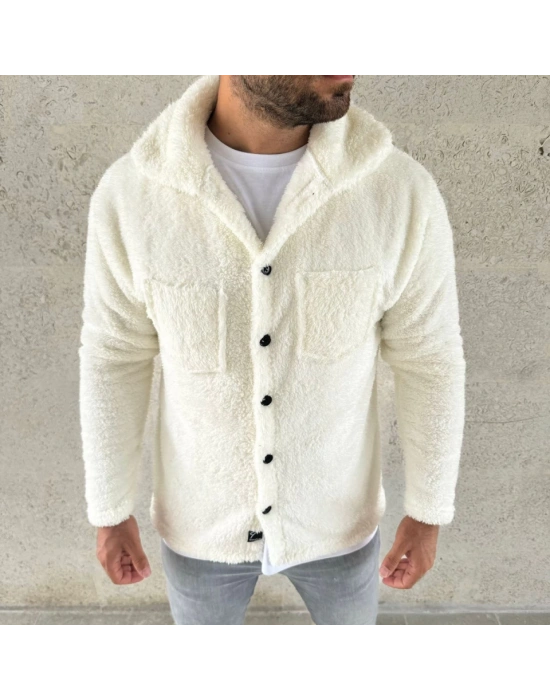 Erkek Pelüş Polar Hırka Gömlek – Yakalı, İlik Düğmeli, Göğüs Cepli, Yumuşak Dokulu Kışlık Regular Fit Rahat Günlük odel  Beyaz