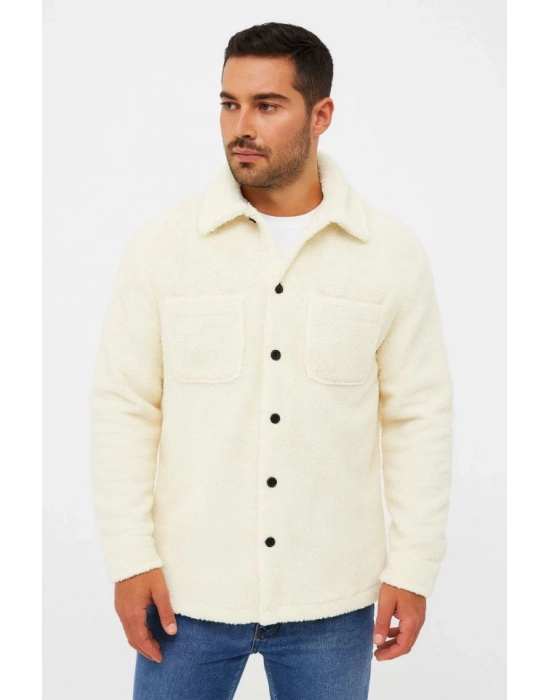 Erkek Pelüş Polar Hırka Gömlek – Yakalı, İlik Düğmeli, Göğüs Cepli, Yumuşak Dokulu Kışlık Regular Fit Rahat Günlük odel  Beyaz