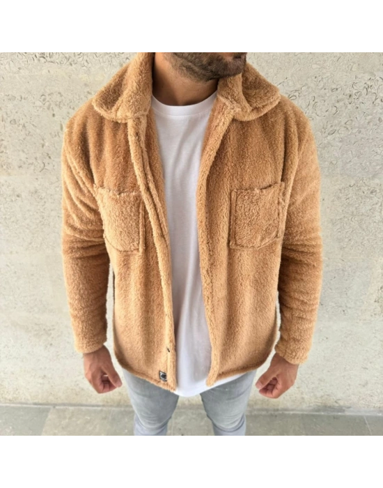 Erkek Pelüş Polar Hırka Gömlek – Yakalı, İlik Düğmeli, Göğüs Cepli, Yumuşak Dokulu Kışlık Regular Fit Rahat Günlük odel  Açık Kahve