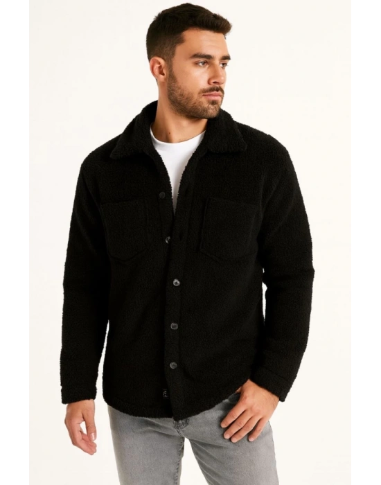 Erkek Pelüş Polar Hırka Gömlek – Yakalı, İlik Düğmeli, Göğüs Cepli, Yumuşak Dokulu Kışlık Regular Fit Rahat Günlük odel  iyah