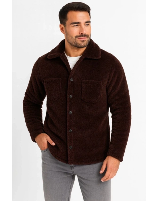 Erkek Pelüş Polar Hırka Gömlek – Yakalı, İlik Düğmeli, Göğüs Cepli, Yumuşak Dokulu Kışlık Regular Fit Rahat Günlük odel  Kahverengi