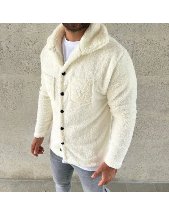 Erkek Pelüş Polar Hırka Gömlek – Yakalı, İlik Düğmeli, Göğüs Cepli, Yumuşak Dokulu Kışlık Regular Fit Rahat Günlük odel  Beyaz