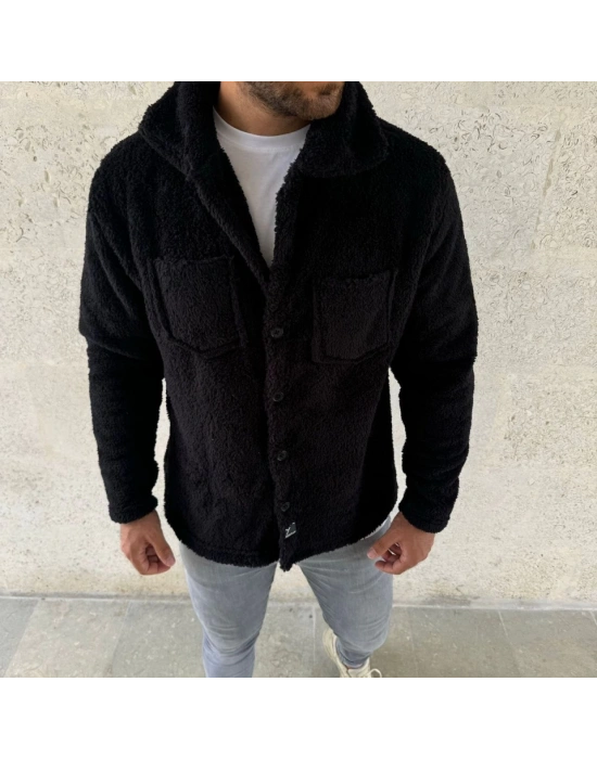Erkek Pelüş Polar Hırka Gömlek – Yakalı, İlik Düğmeli, Göğüs Cepli, Yumuşak Dokulu Kışlık Regular Fit Rahat Günlük odel  iyah