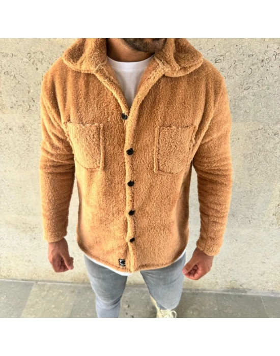 Erkek Pelüş Polar Hırka Gömlek – Yakalı, İlik Düğmeli, Göğüs Cepli, Yumuşak Dokulu Kışlık Regular Fit Rahat Günlük odel  Açık Kahve