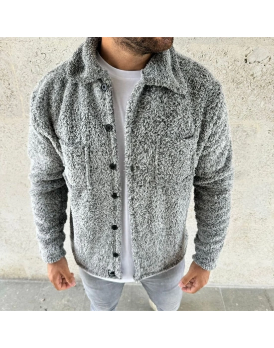 Erkek Pelüş Polar Hırka Gömlek – Yakalı, İlik Düğmeli, Göğüs Cepli, Yumuşak Dokulu Kışlık Regular Fit Rahat Günlük odel  Gri