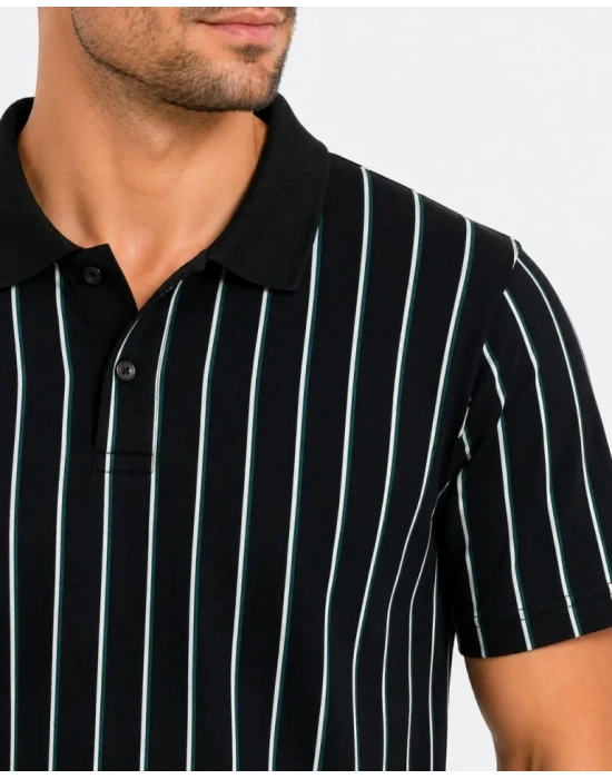 Erkek Pike Kumaş Çizgili Polo Yaka Tişört Kısa Kol Yazlık Thirt  iyah