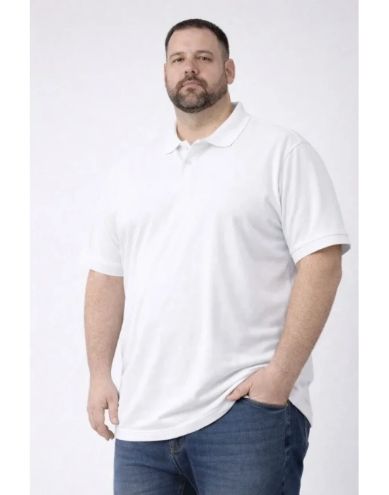 Erkek Pike Kumaş Düğmeli Yaka Battal Büyük Beden Günlük Kısa Kol Tişört Tshirt  Beyaz