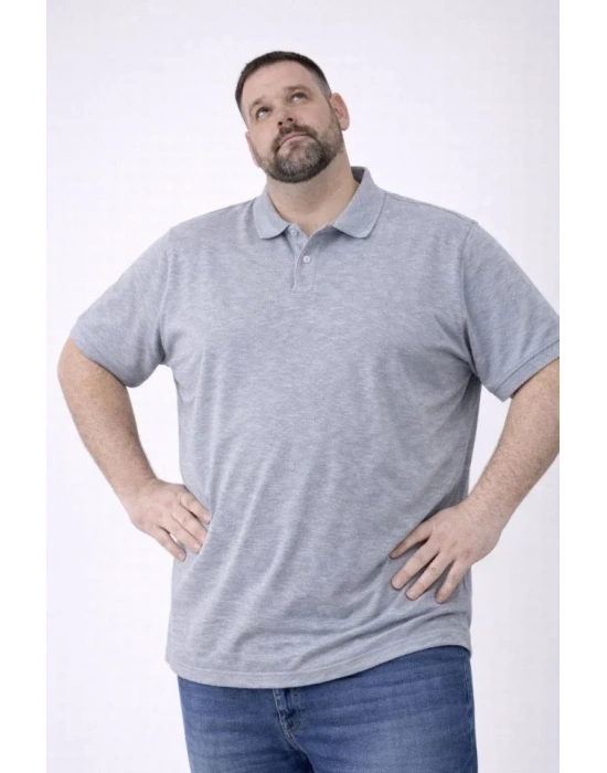 Erkek Pike Kumaş Düğmeli Yaka Battal Büyük Beden Günlük Kısa Kol Tişört Tshirt  Gri