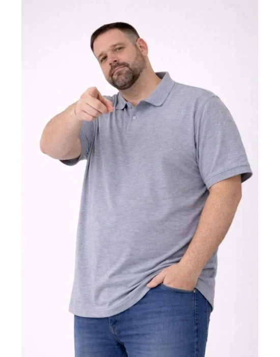 Erkek Pike Kumaş Düğmeli Yaka Battal Büyük Beden Günlük Kısa Kol Tişört Tshirt  Gri