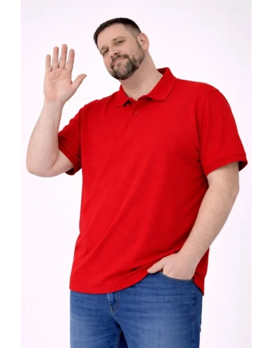 Erkek Pike Kumaş Düğmeli Yaka Battal Büyük Beden Günlük Kısa Kol Tişört Tshirt  Kırmızı