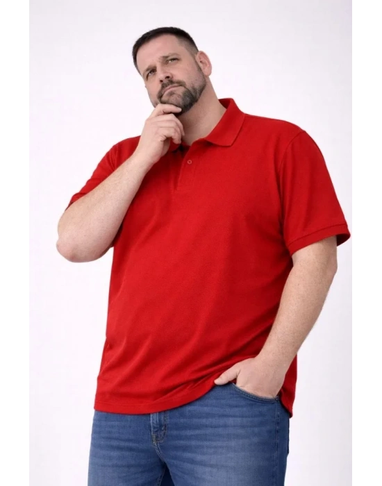 Erkek Pike Kumaş Düğmeli Yaka Battal Büyük Beden Günlük Kısa Kol Tişört Tshirt  Kırmızı