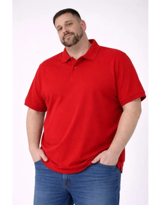 Erkek Pike Kumaş Düğmeli Yaka Battal Büyük Beden Günlük Kısa Kol Tişört Tshirt  Kırmızı
