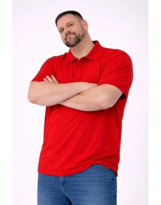 Erkek Pike Kumaş Düğmeli Yaka Battal Büyük Beden Günlük Kısa Kol Tişört Tshirt  Kırmızı