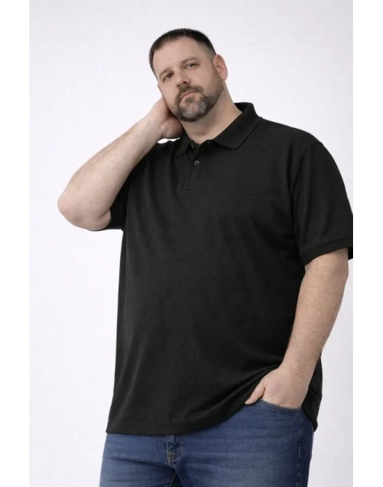 Erkek Pike Kumaş Düğmeli Yaka Battal Büyük Beden Günlük Kısa Kol Tişört Tshirt  Siyah