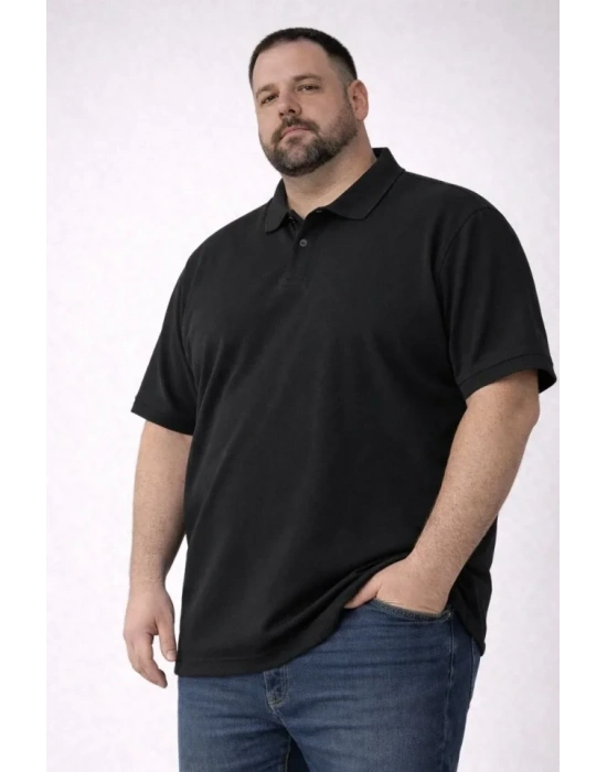 Erkek Pike Kumaş Düğmeli Yaka Battal Büyük Beden Günlük Kısa Kol Tişört Tshirt  Siyah