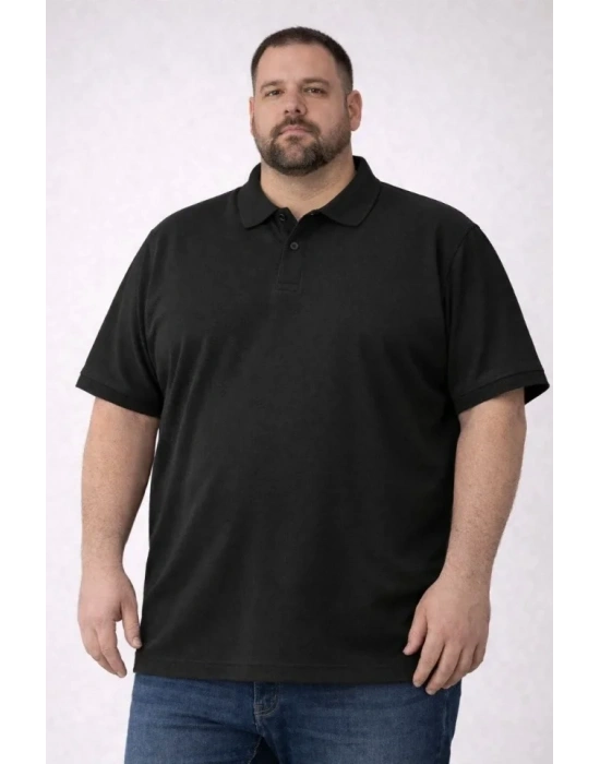 Erkek Pike Kumaş Düğmeli Yaka Battal Büyük Beden Günlük Kısa Kol Tişört Tshirt  Siyah