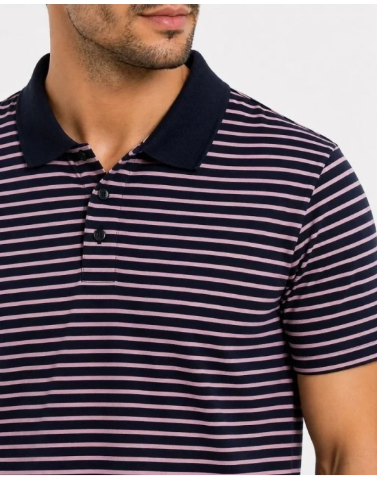 Erkek Pike Kumaş Gül Kurusu Çizgili Polo Yaka Tişört Kısa Kol Thirt  iyah