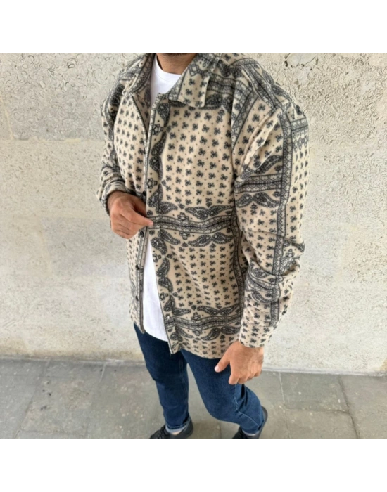 Erkek Polar Fermuarlı weatshirt – Kapüşonsuz, Cepli, Yumuşak Dokulu, Oversize Rahat Kalıp, Kışlık ıcak Tutan Fermuarlı Üst  Bej