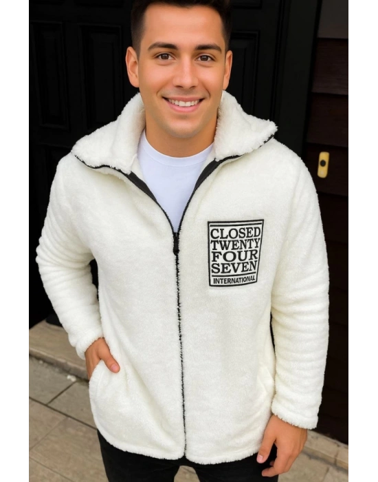 Erkek Polar Fermuarlı weatshirt – Kapüşonsuz, Cepli, Yumuşak Dokulu, Oversize Rahat Kalıp, Kışlık ıcak Tutan Fermuarlı Üst  Beyaz