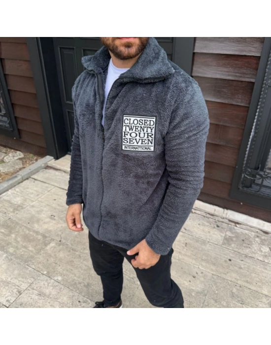 Erkek Polar Fermuarlı weatshirt – Kapüşonsuz, Cepli, Yumuşak Dokulu, Oversize Rahat Kalıp, Kışlık ıcak Tutan Fermuarlı Üst  Füme